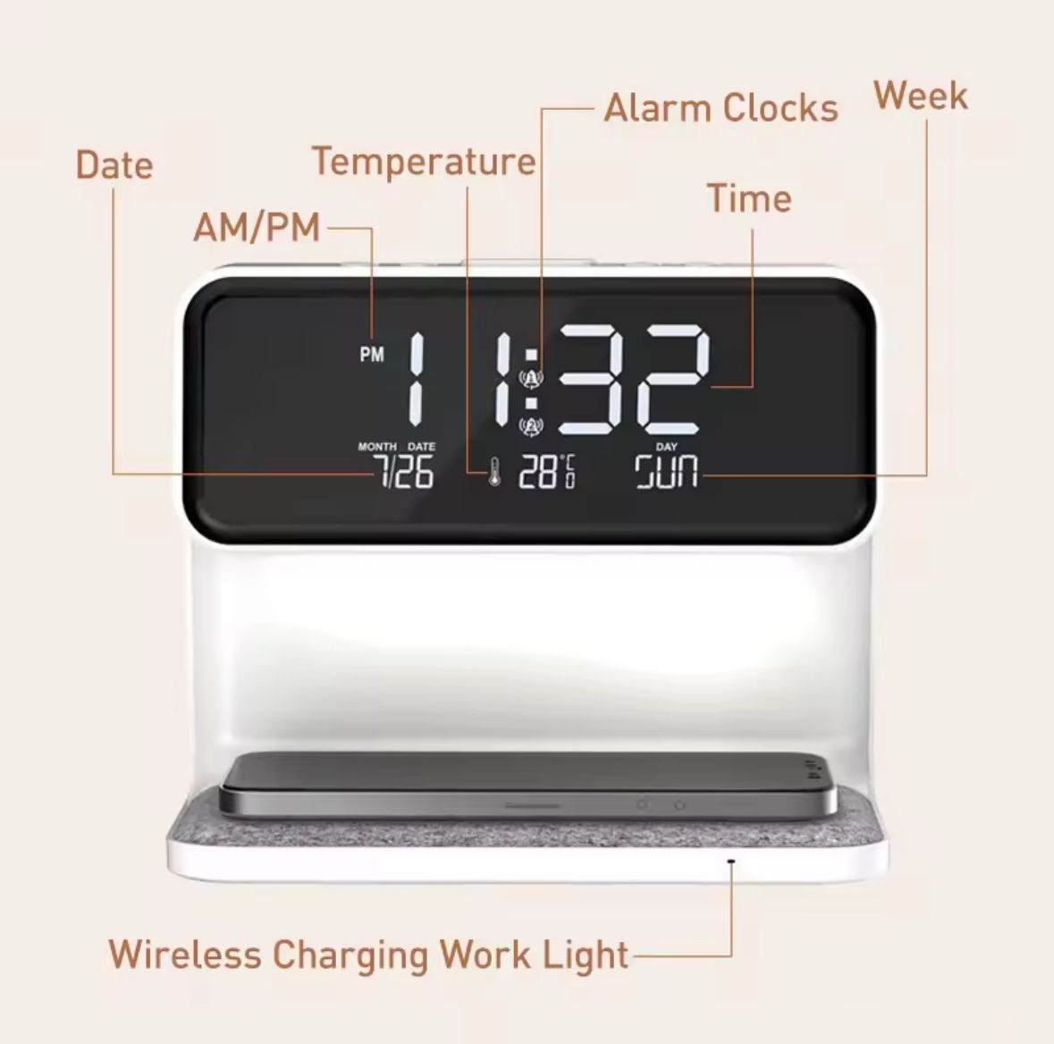 Reloj Cargador Inalámbrico Con Luz Nocturna PowerTime 3 en 1