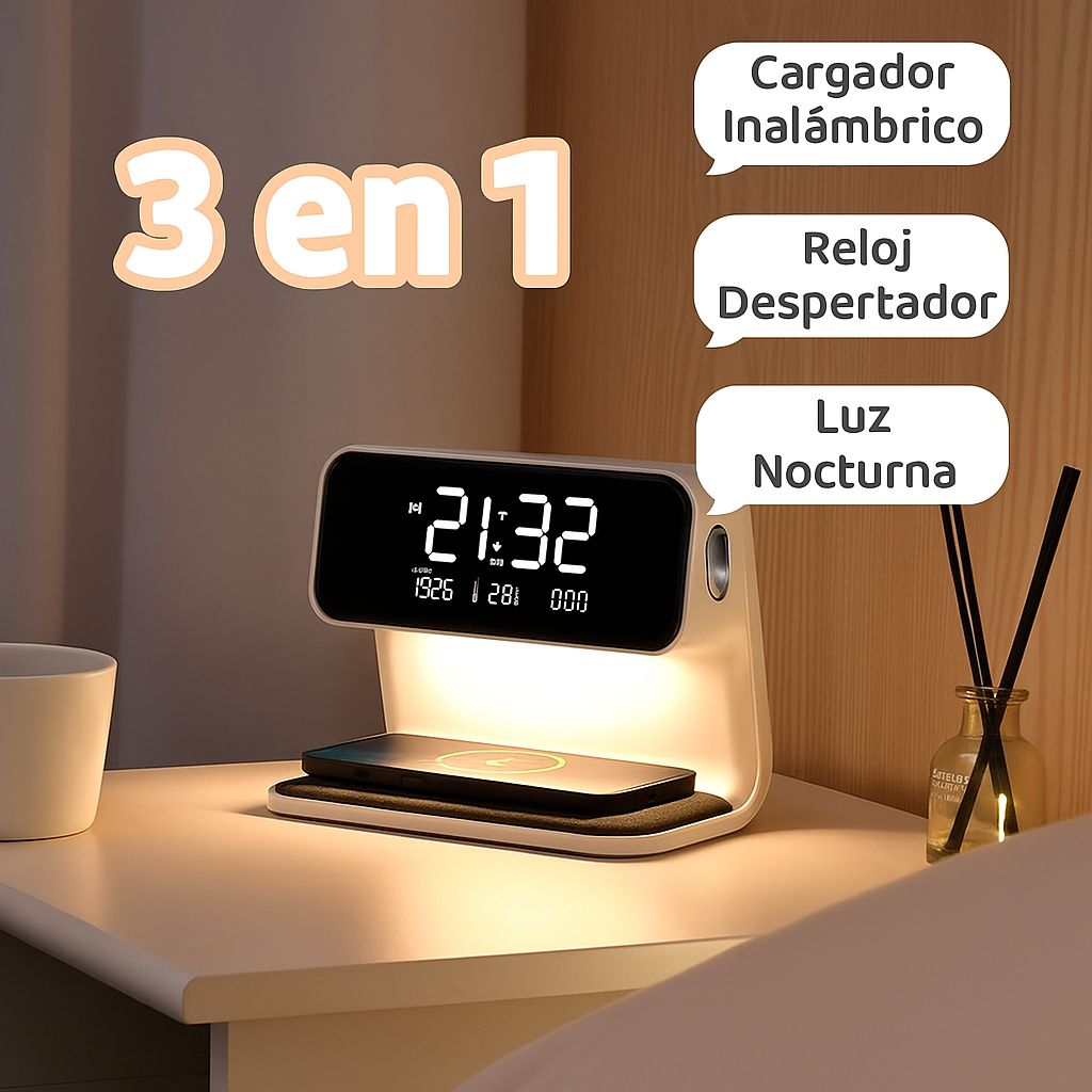 Reloj Cargador Inalámbrico Con Luz Nocturna PowerTime 3 en 1