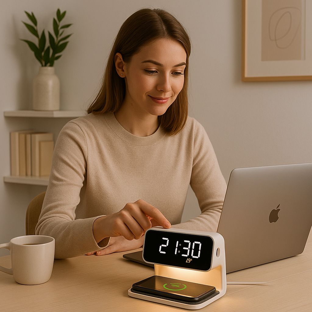 Reloj Cargador Inalámbrico Con Luz Nocturna PowerTime 3 en 1