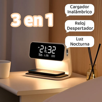 Reloj Cargador Inalámbrico Con Luz Nocturna PowerTime 3 en 1
