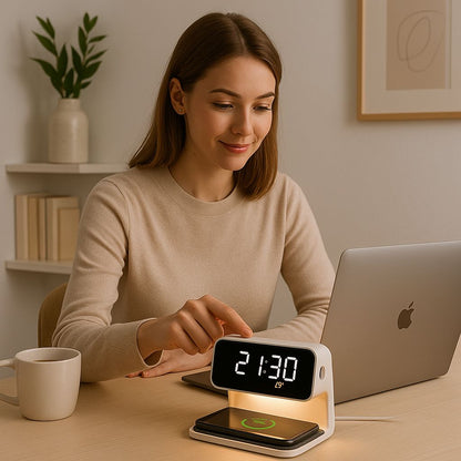 Reloj Cargador Inalámbrico Con Luz Nocturna PowerTime 3 en 1